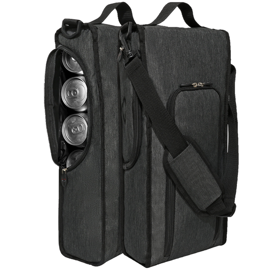 Black backpack with multiple compartments and a shoulder strap on a white background