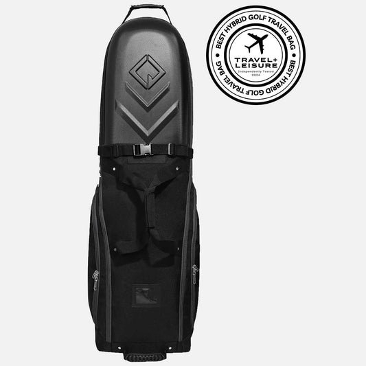 Black golf travel bag with a travel and leisure award badge on a white background