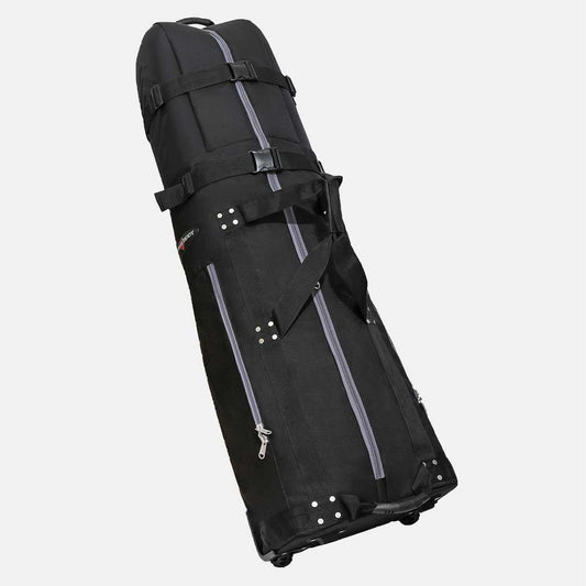 Black golf bag with silver zippers on a white background