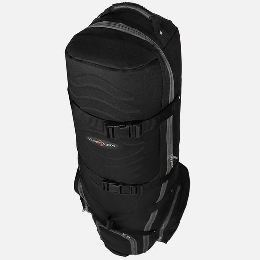 Black backpack with visible brand logo on a white background