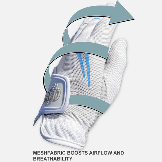White glove with mesh fabric and blue accents on a light gray background