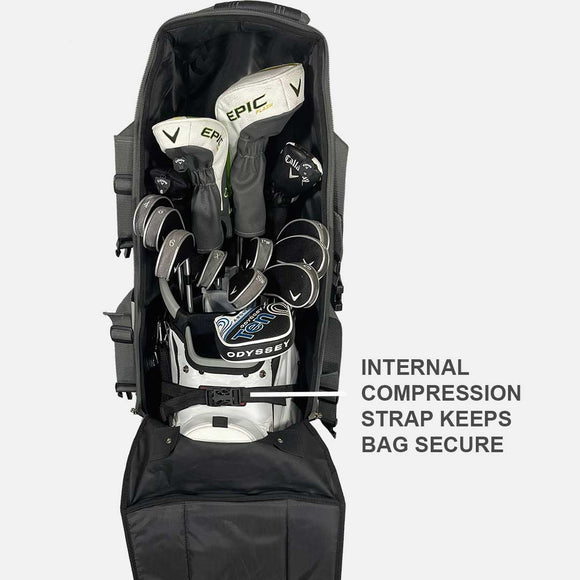 Black golf bag with golf clubs and text 'Internal compression strap keeps bag secure' on a white background