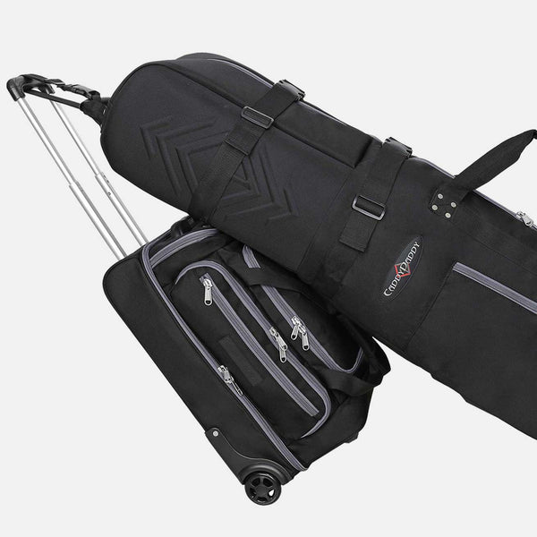 Black golf bag with a strap over it on a white background