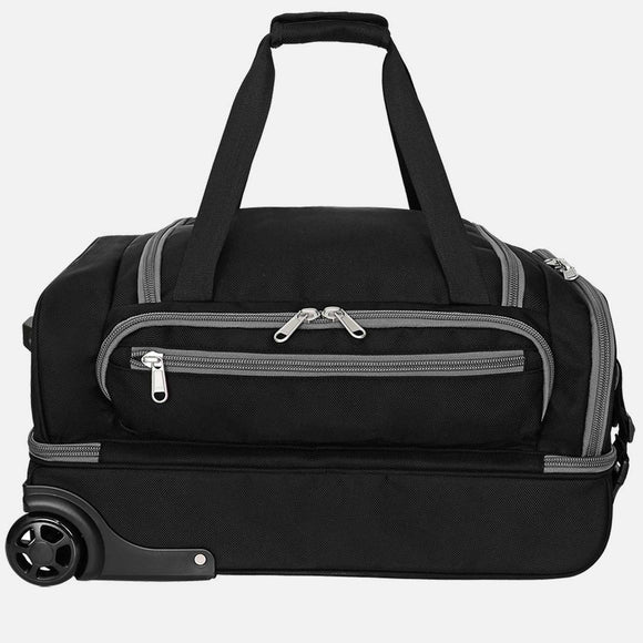 Black rolling duffel bag with gray zippers on a white background