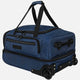 Blue rolling duffel bag with black straps on a white background